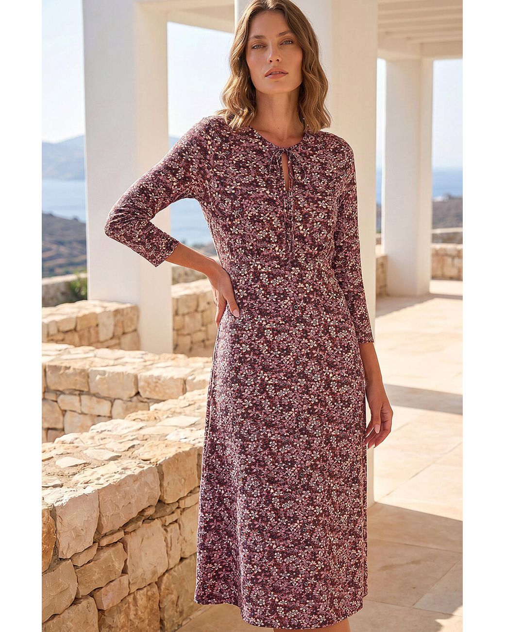 Roman Brown Petite Paisley Tie Neck Dress
