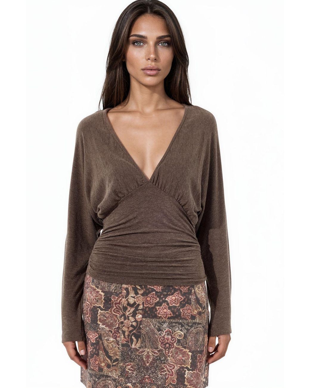Busem Brown Loose-Fit V-Neck Knitted Blouse