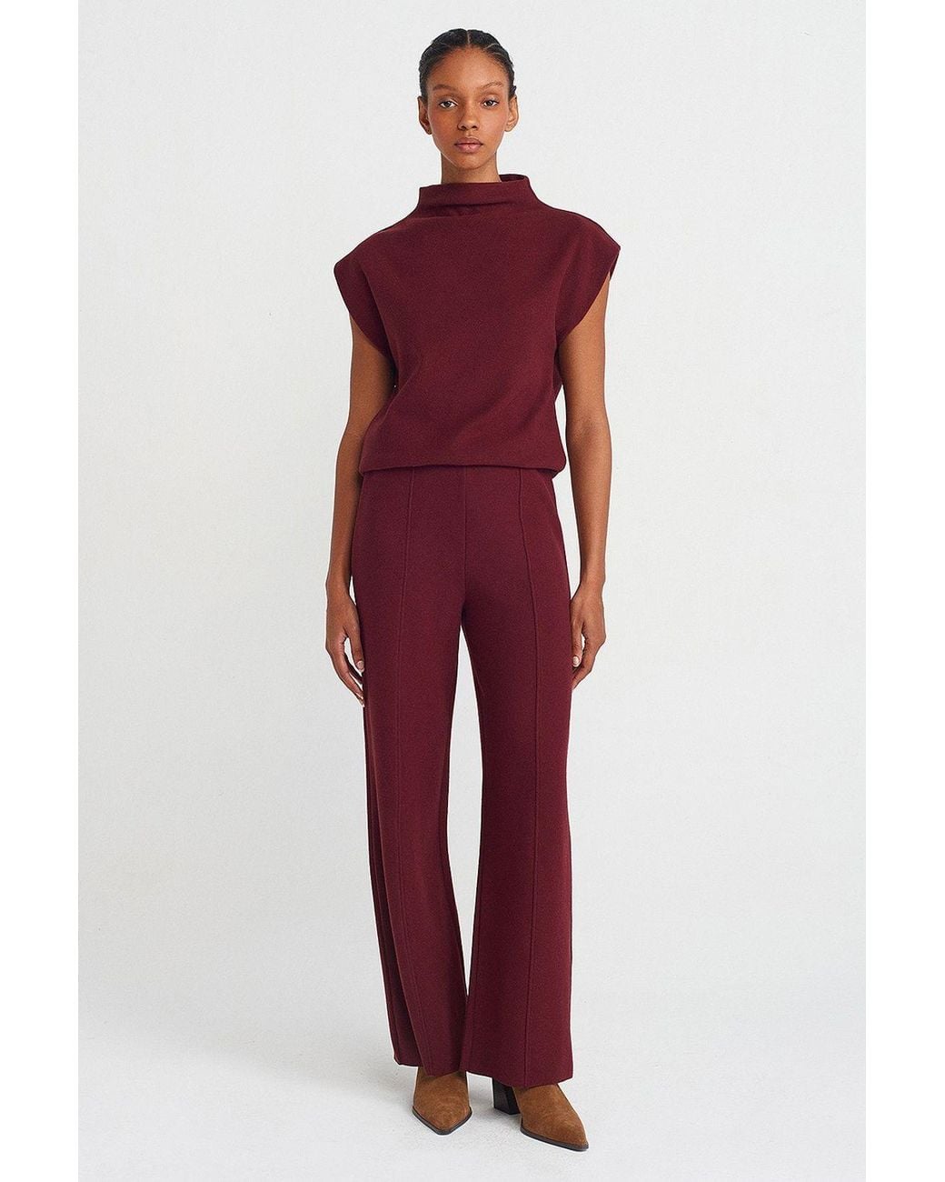 Dilvin Red High-Waist Wide-Leg Knit Trousers
