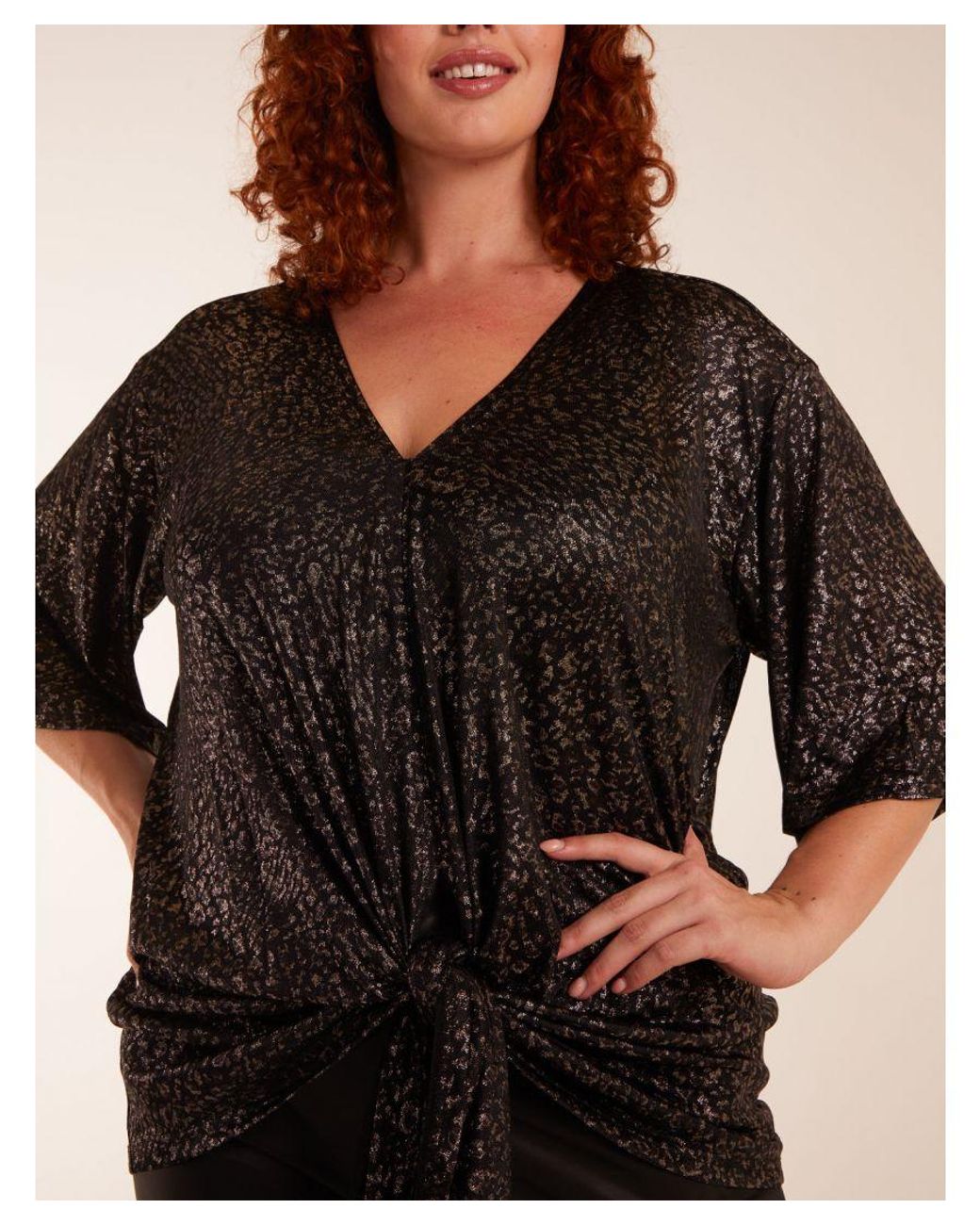 Blue Vanilla Black Curve Leopard V Neck Tie Front Top
