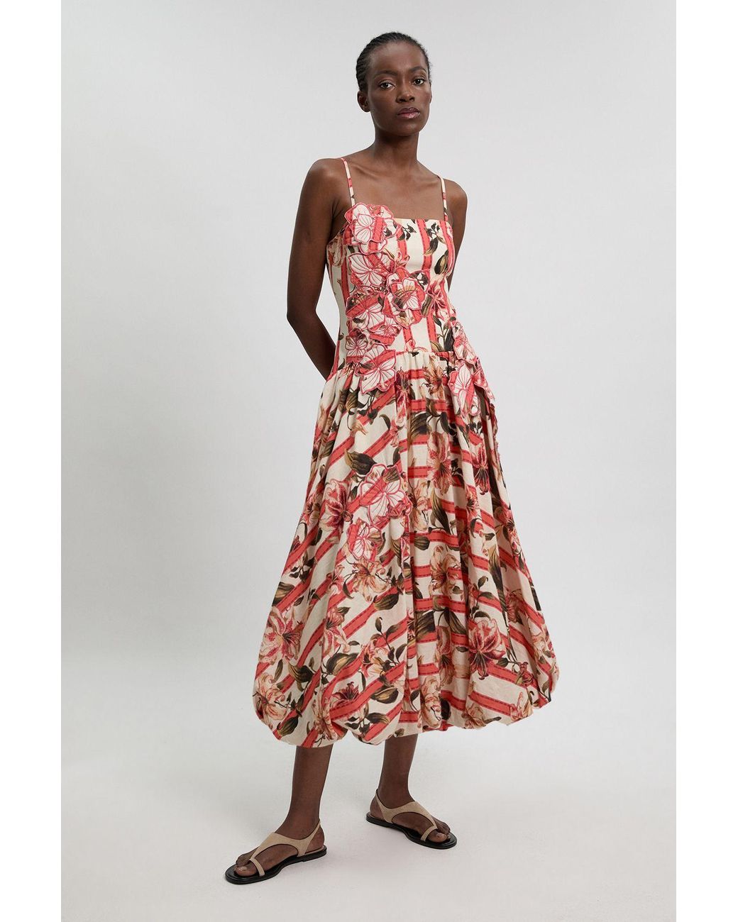 Karen Millen White Cotton Linen Printed 3D Floral Bubble Hem Midi Dress