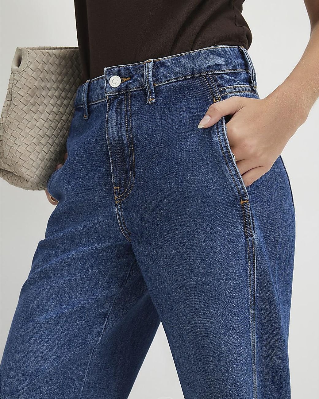River Island Blue Wide Leg Jeans Tailored Button Cotton