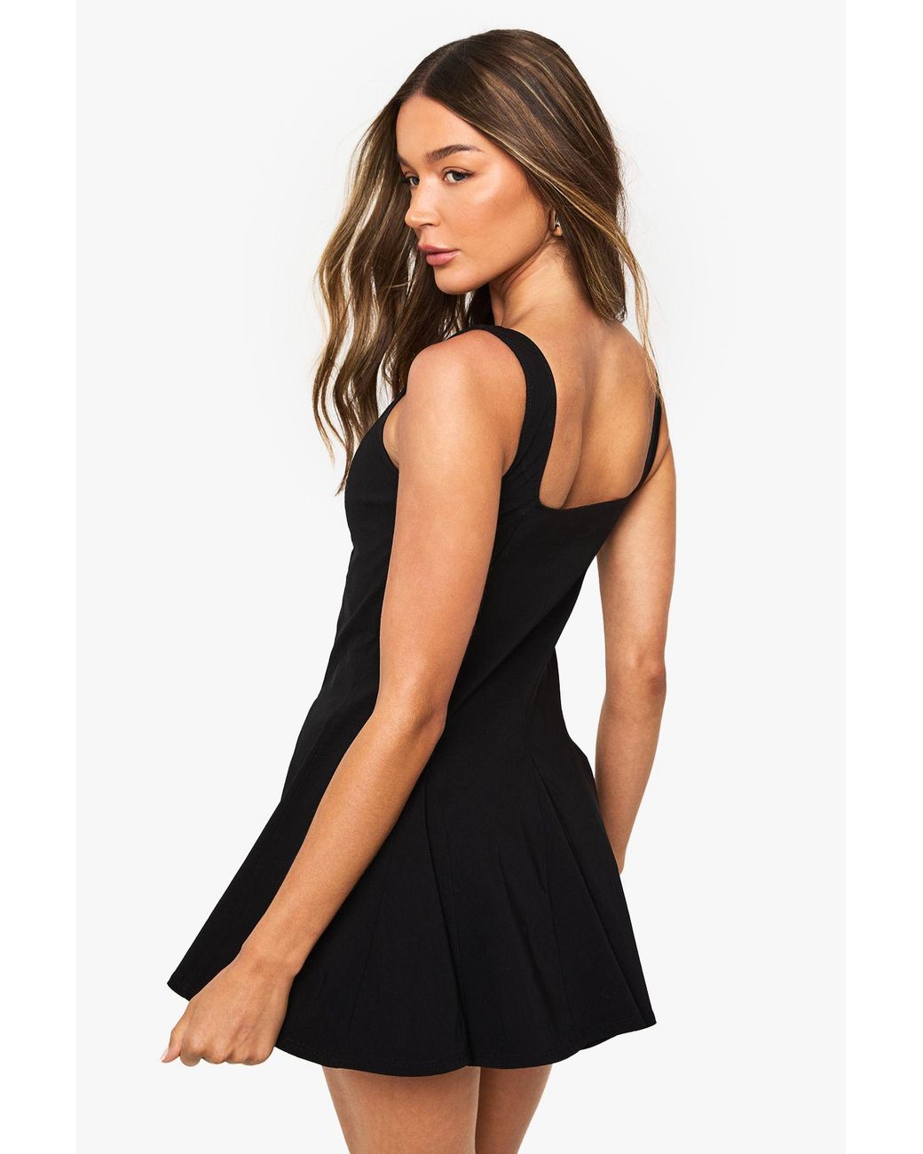 Boohoo Black Bengaline Sweetheart Neck Skater Dress