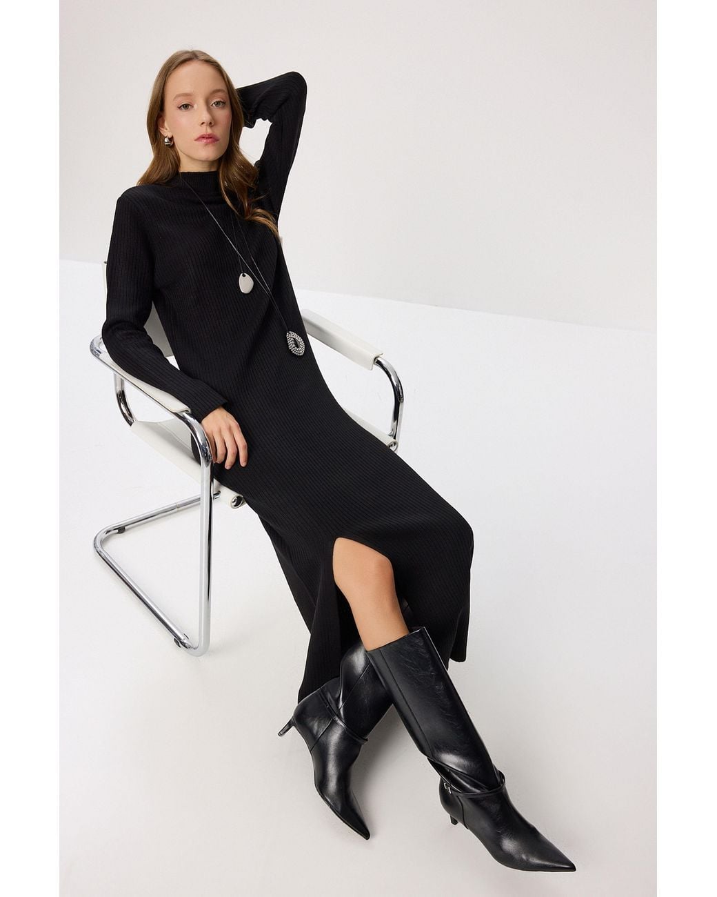Happiness İstanbul Black Textured Bodycon Knit Dress With Slit