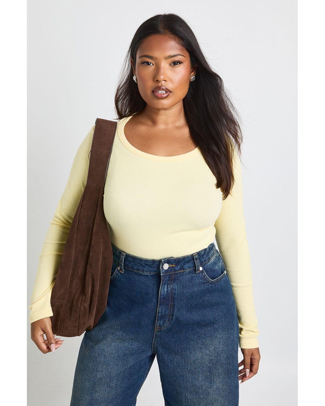 Boohoo Blue Plus Basic Rib Scoop Neck Longline Long Sleeve Fitted Top