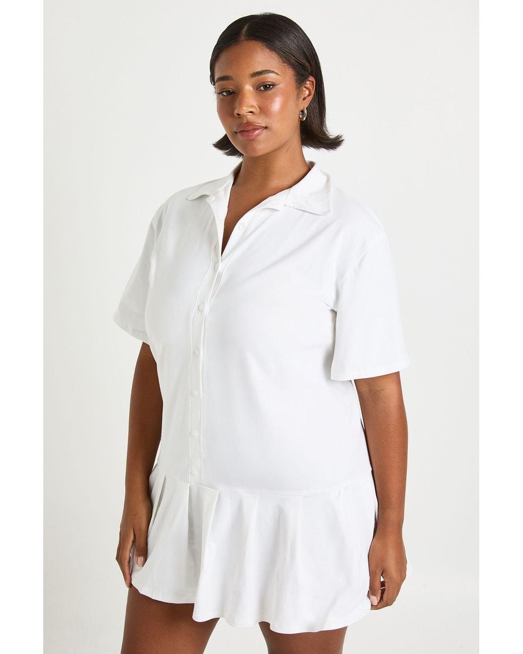 Boohoo White Plus Pleated Hem Skater Shirt Dress