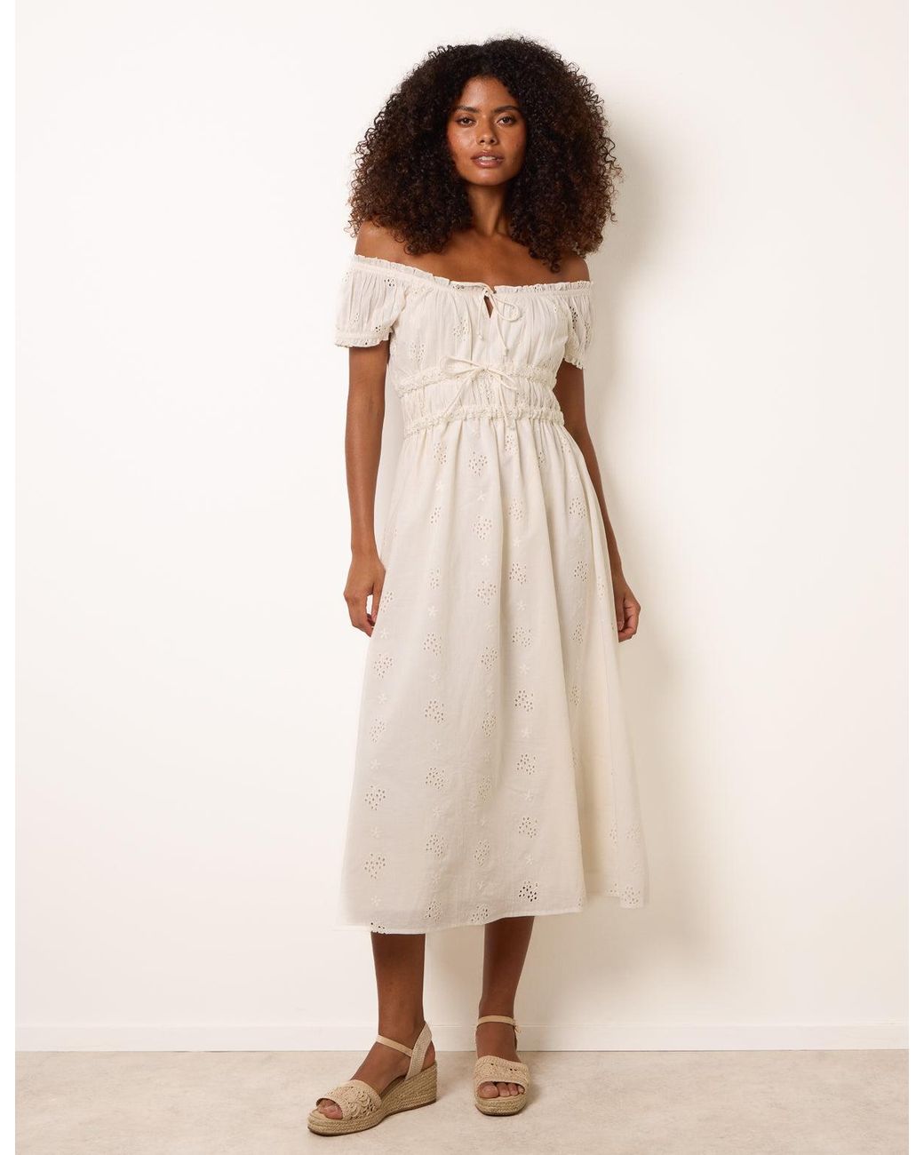 Blue Vanilla Natural Broderie Front Tie Midi Dress