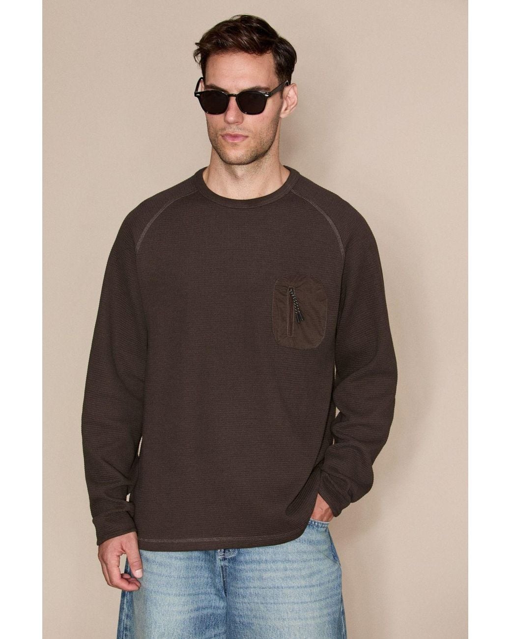Grimelange Blue Crew Neck Pocket Sweatshirt for men
