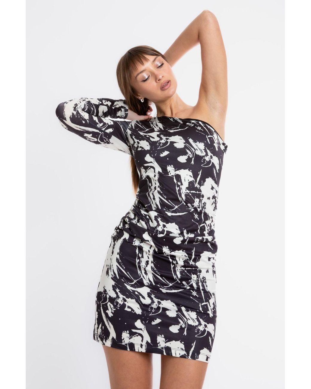 Hiccup White Abstract One Shoulder Mini Bodycon Dress