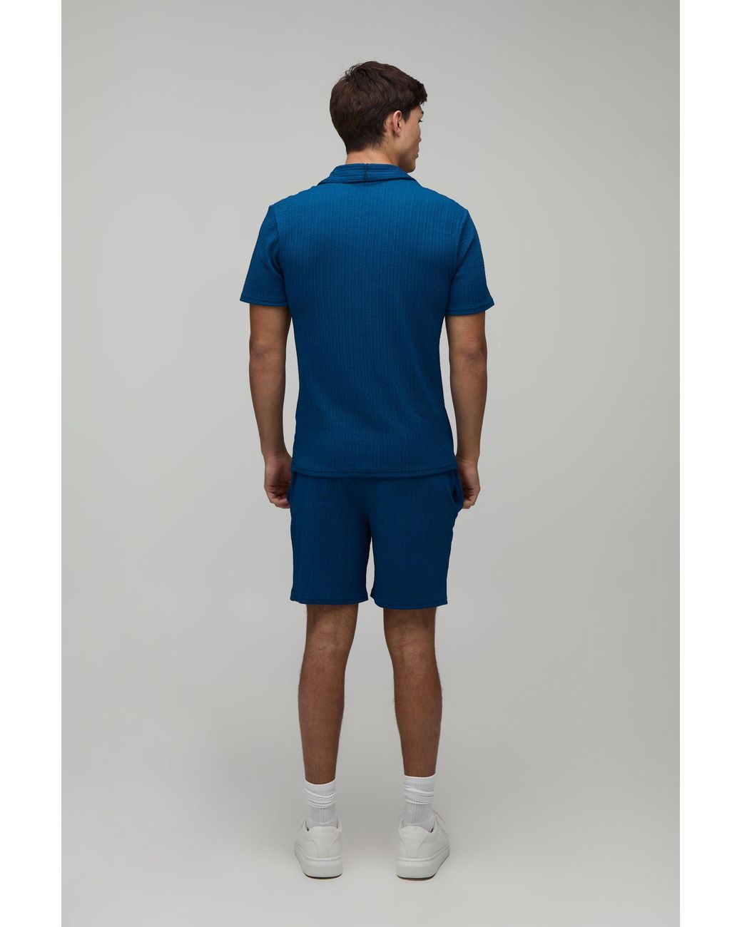 BoohooMAN Blue Jersey Textured Ribbed Slim Fit Polo & Relaxed Short Set for men