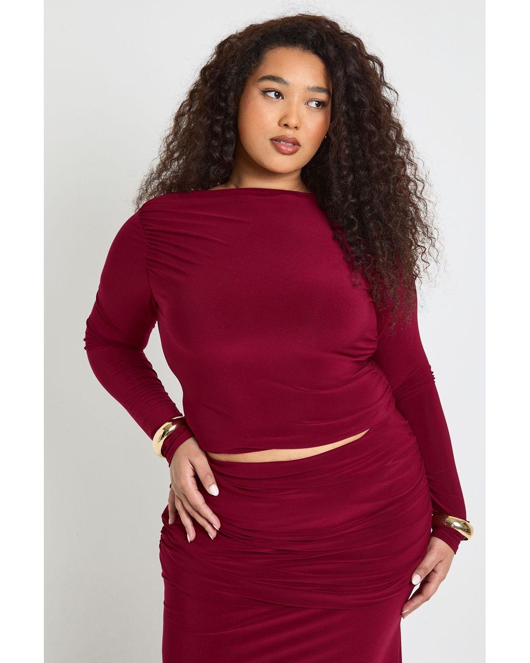 Boohoo Red Plus Ruched Detail Long Sleeve Top