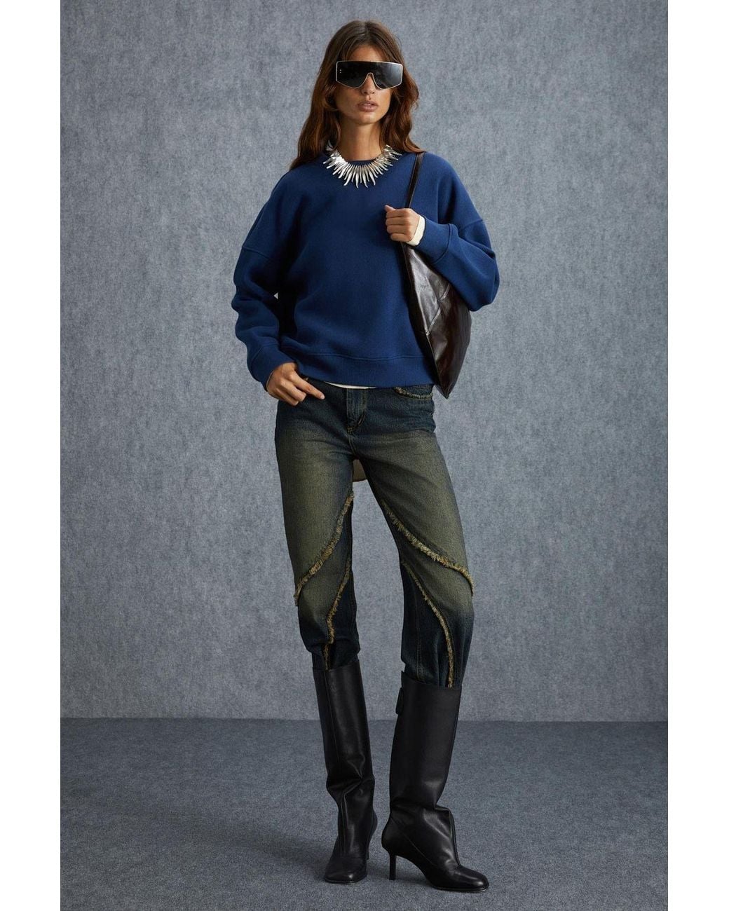 Grimelange Blue Oversized Ribbed Crew Neck Sweatshirt