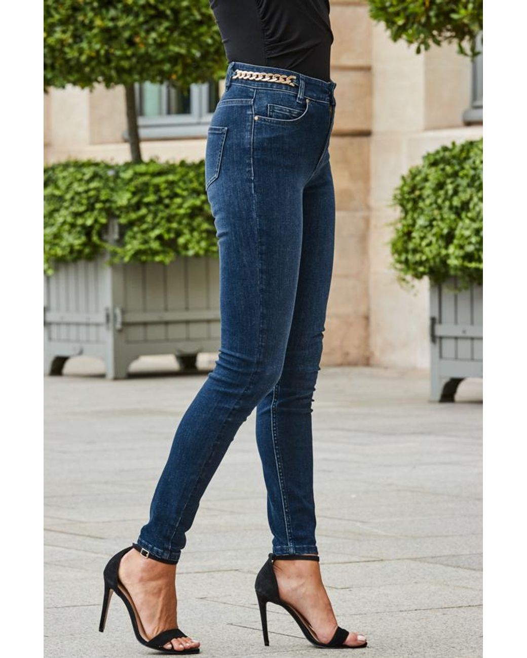 Sosandar Green Dark Chain Detail Skinny Jeans