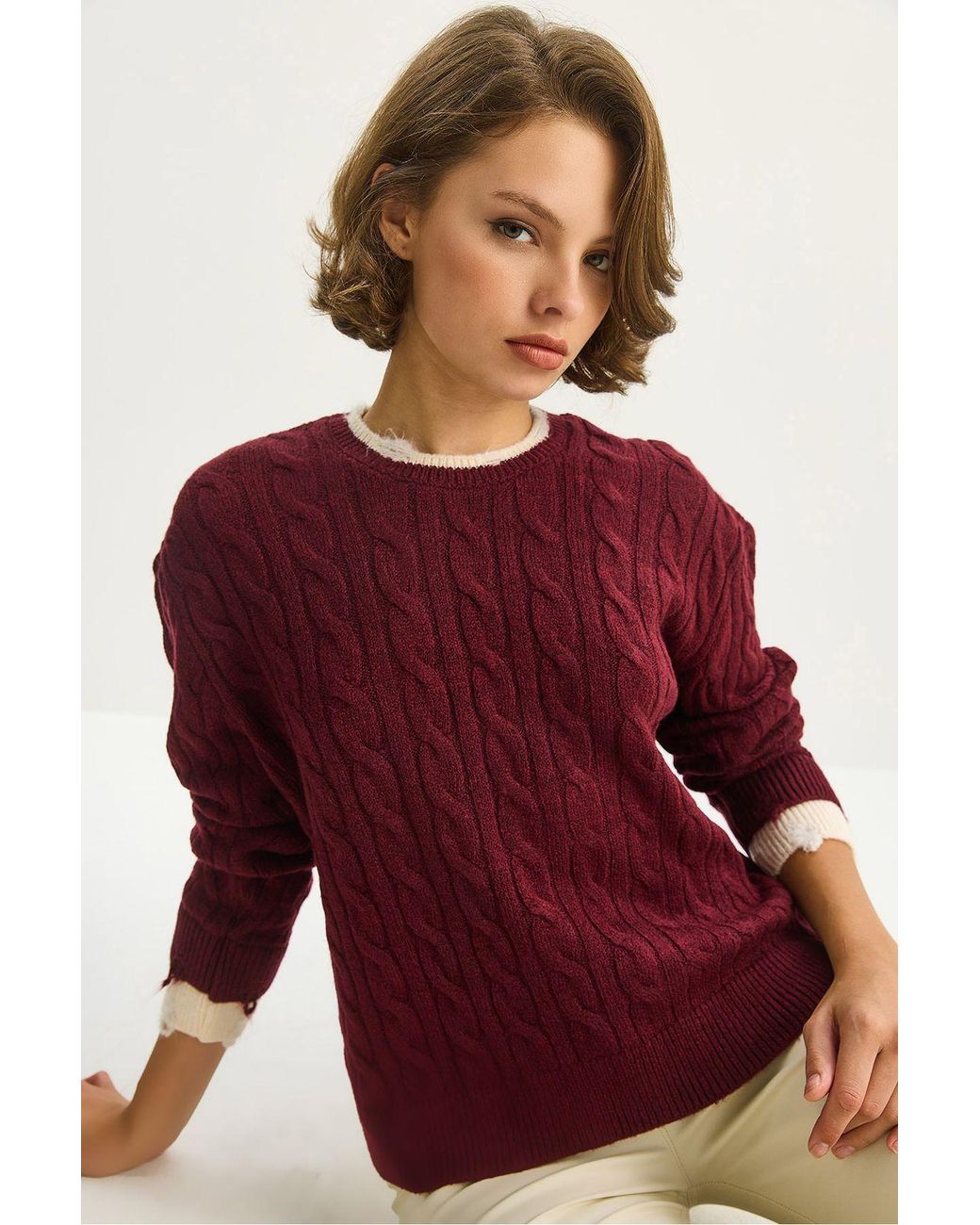 Bianco Lucci Red Hair Braid Patterned Sweater