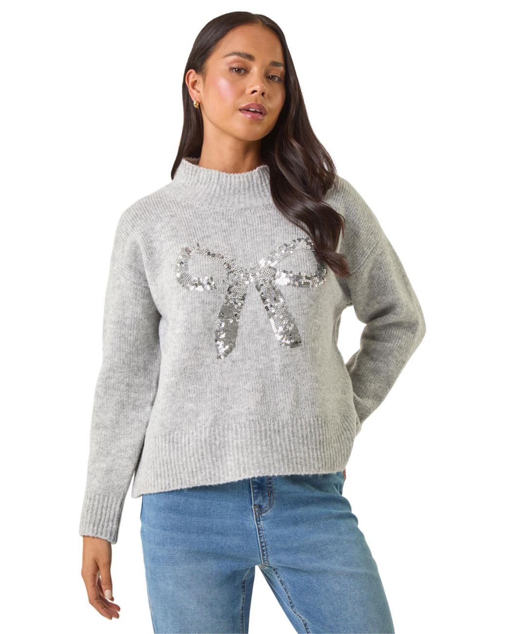 Roman Gray Petite Sequin Bow Knit Jumper