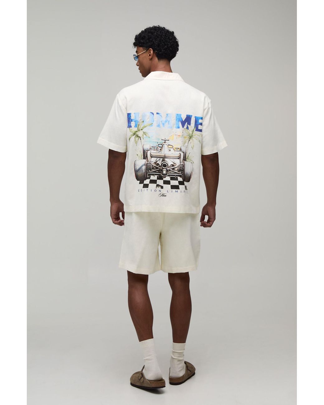 BoohooMAN Gray Homme Racing Back Print Oversized Shirt & Short Set for men