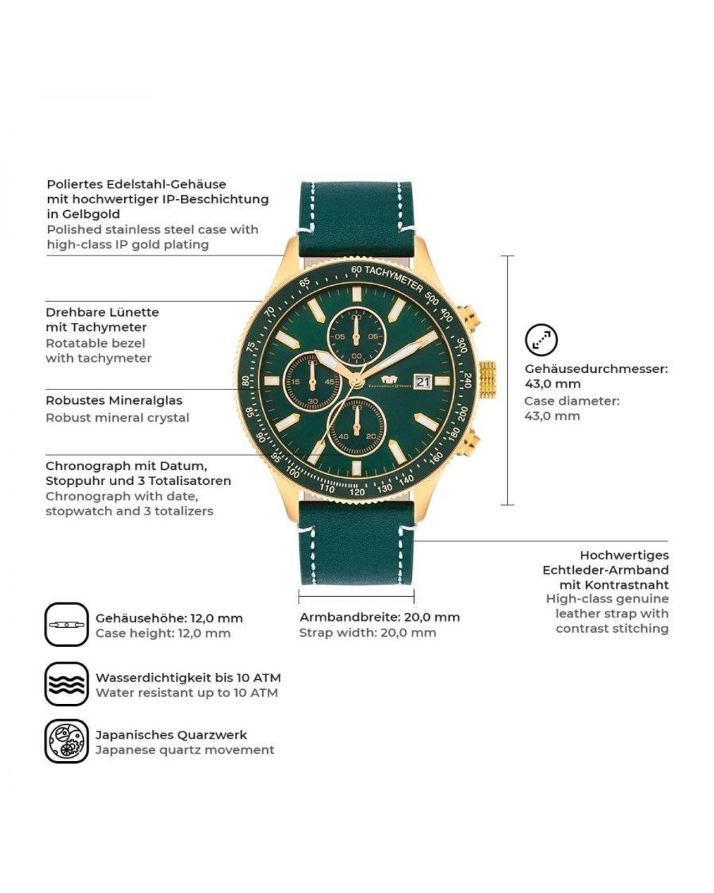 Rhodenwald & Söhne Green Stainless Steel Watch 43Mm for men