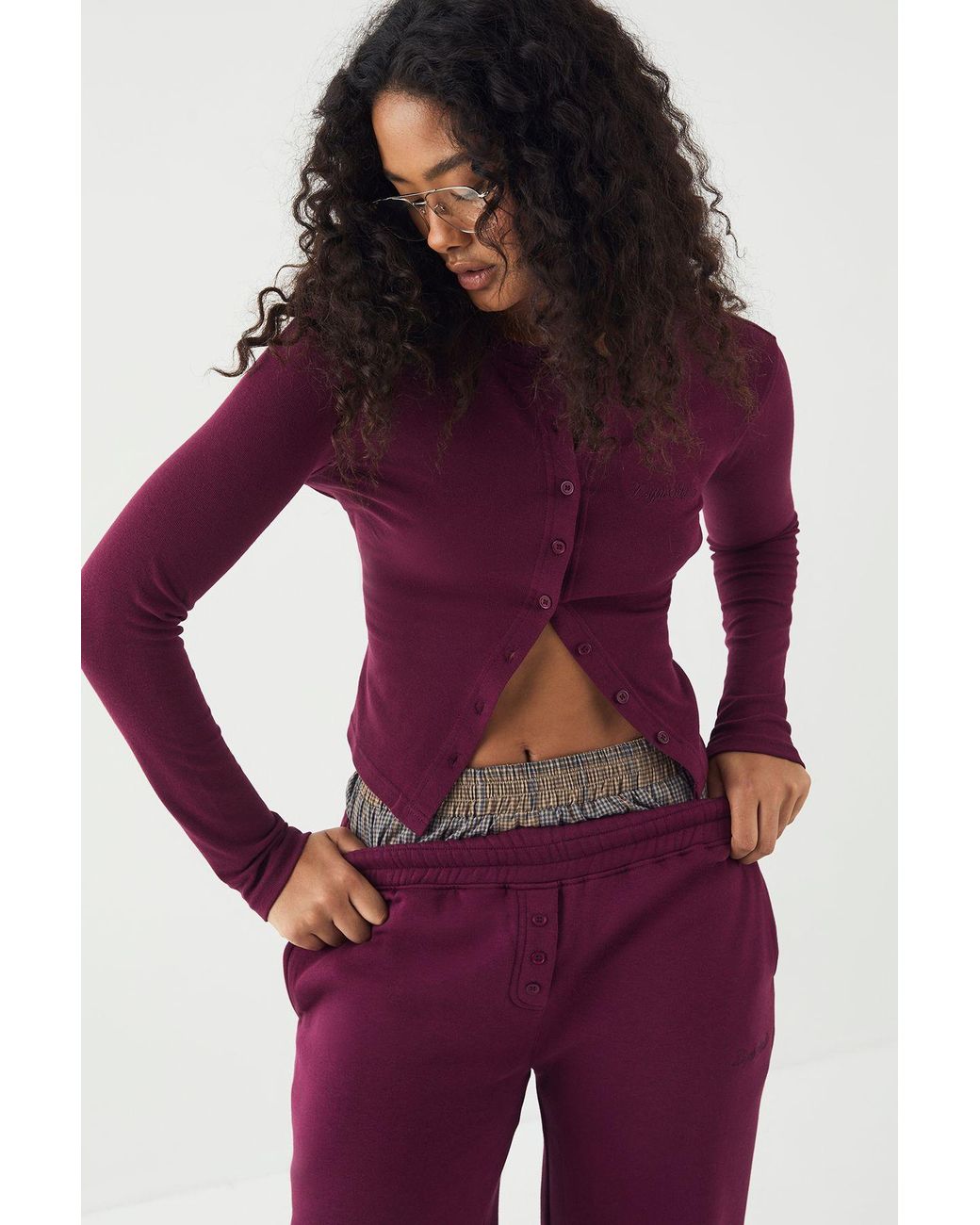 DSGN Studio Purple Ribbed Script Embroidery Button Through Long Sleeve Top