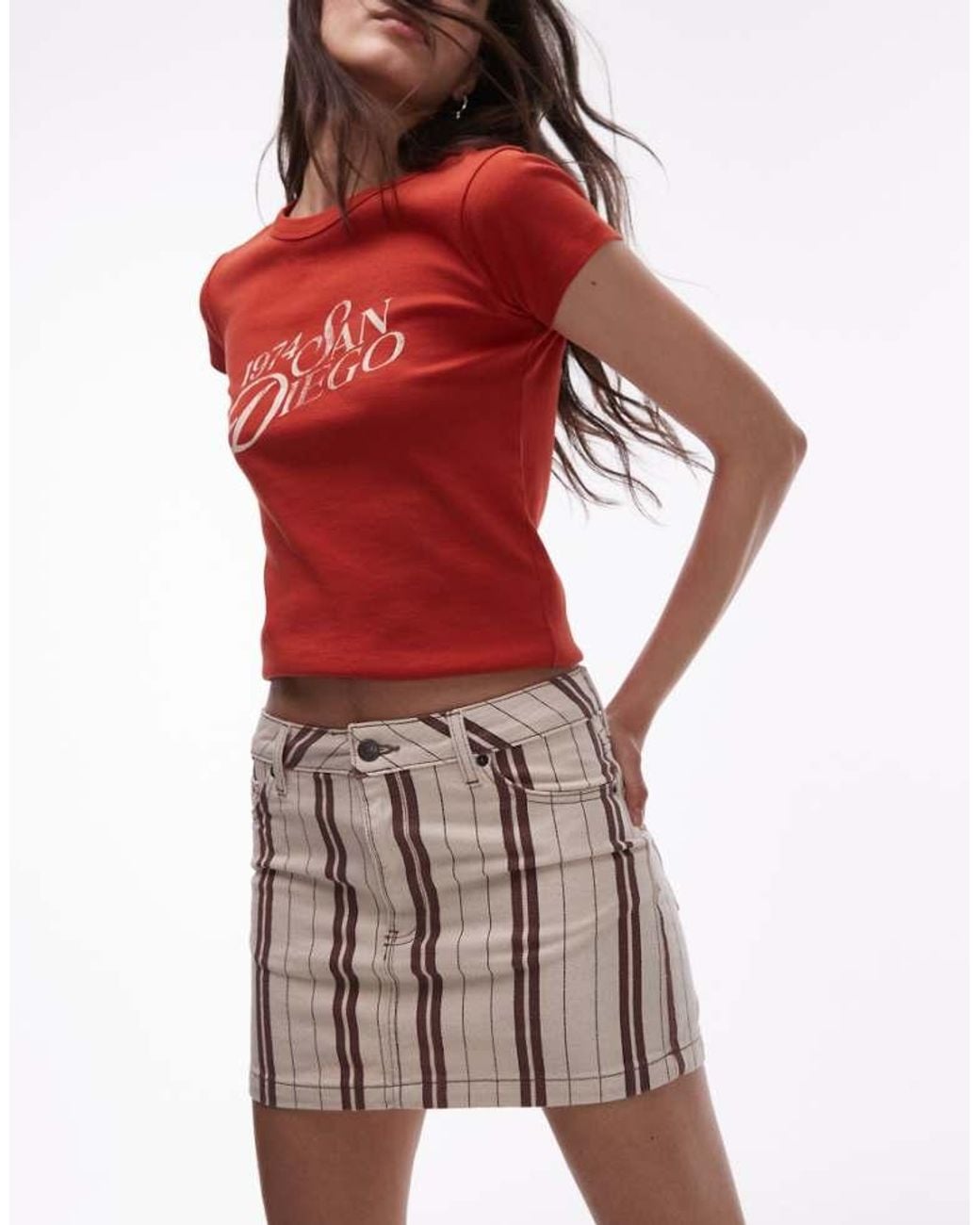 TOPSHOP Red Denim Pelmet Mini Skirt