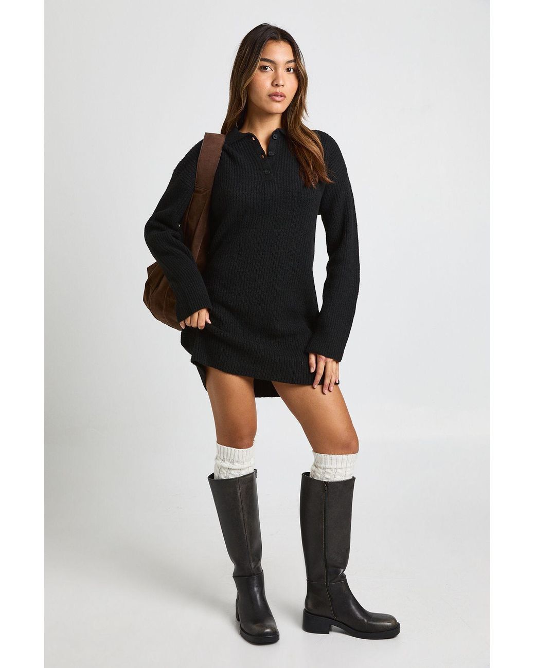 Boohoo Black Collar Detail Oversized Rugby Knitted Mini Dress