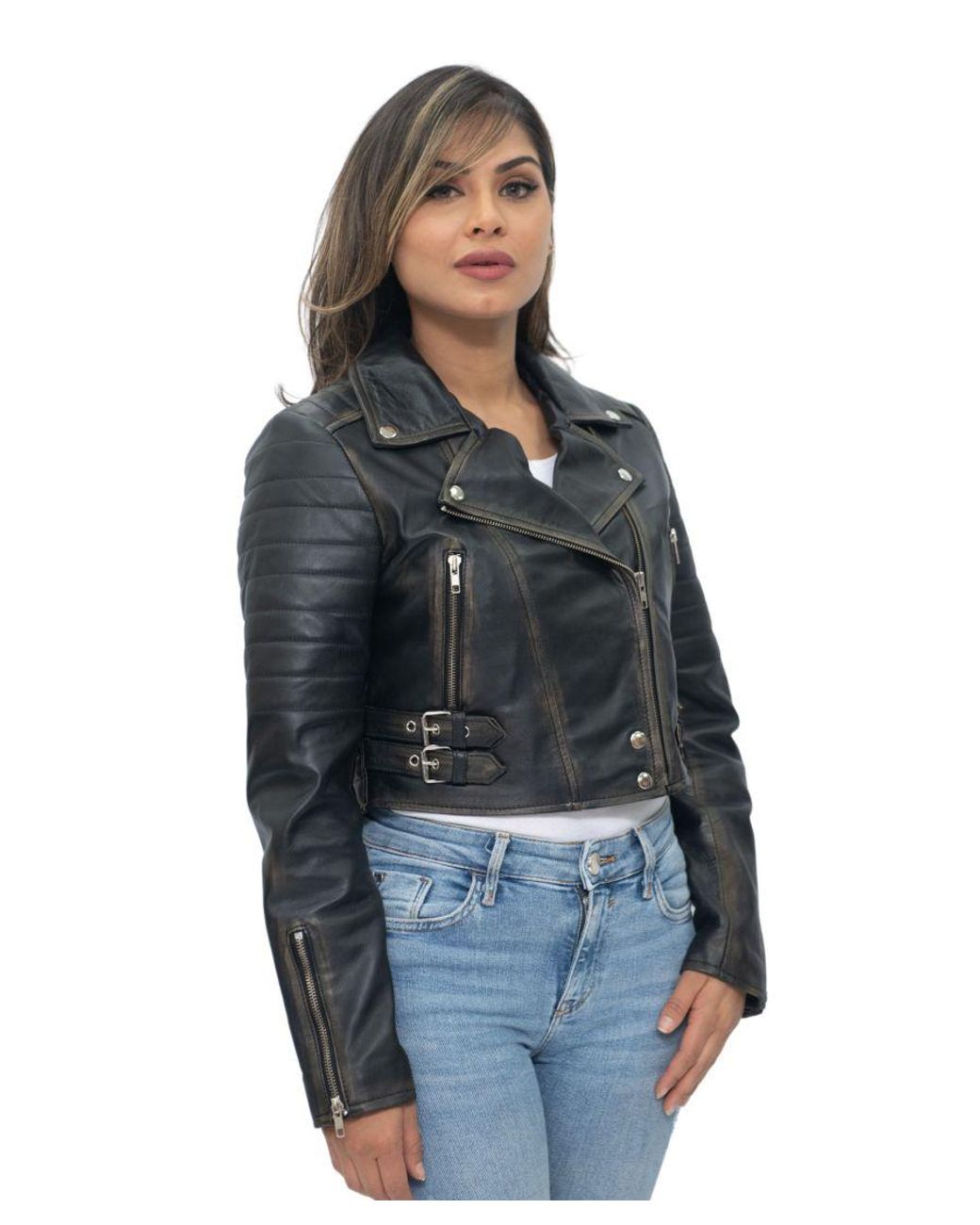 Infinity Leather Gray Cropped Brando Biker Jacket-Damascus
