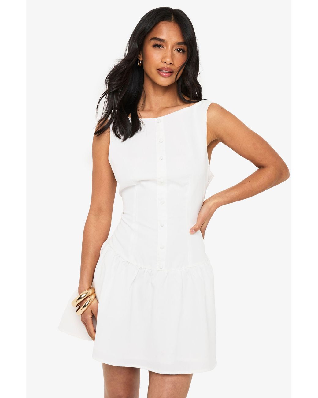 Boohoo White Petite Drop Waist Shift Mini Dress