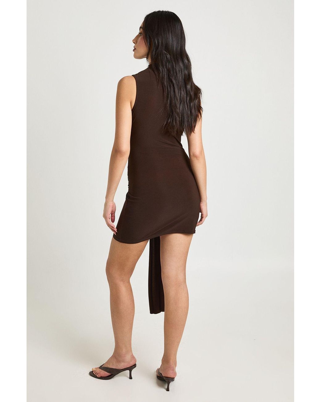 Boohoo Brown Slinky Sleevless Trim Wrap Waist Dress