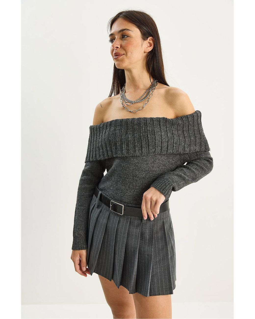 Bianco Lucci Gray Knit Sweater With Madonna Collar