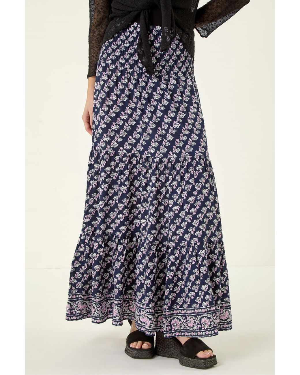 Roman White Floral Print Shirred Maxi Dress