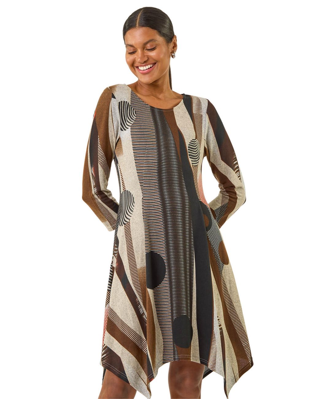Roman Natural Geo Print Hanky Hem Stretch Dress
