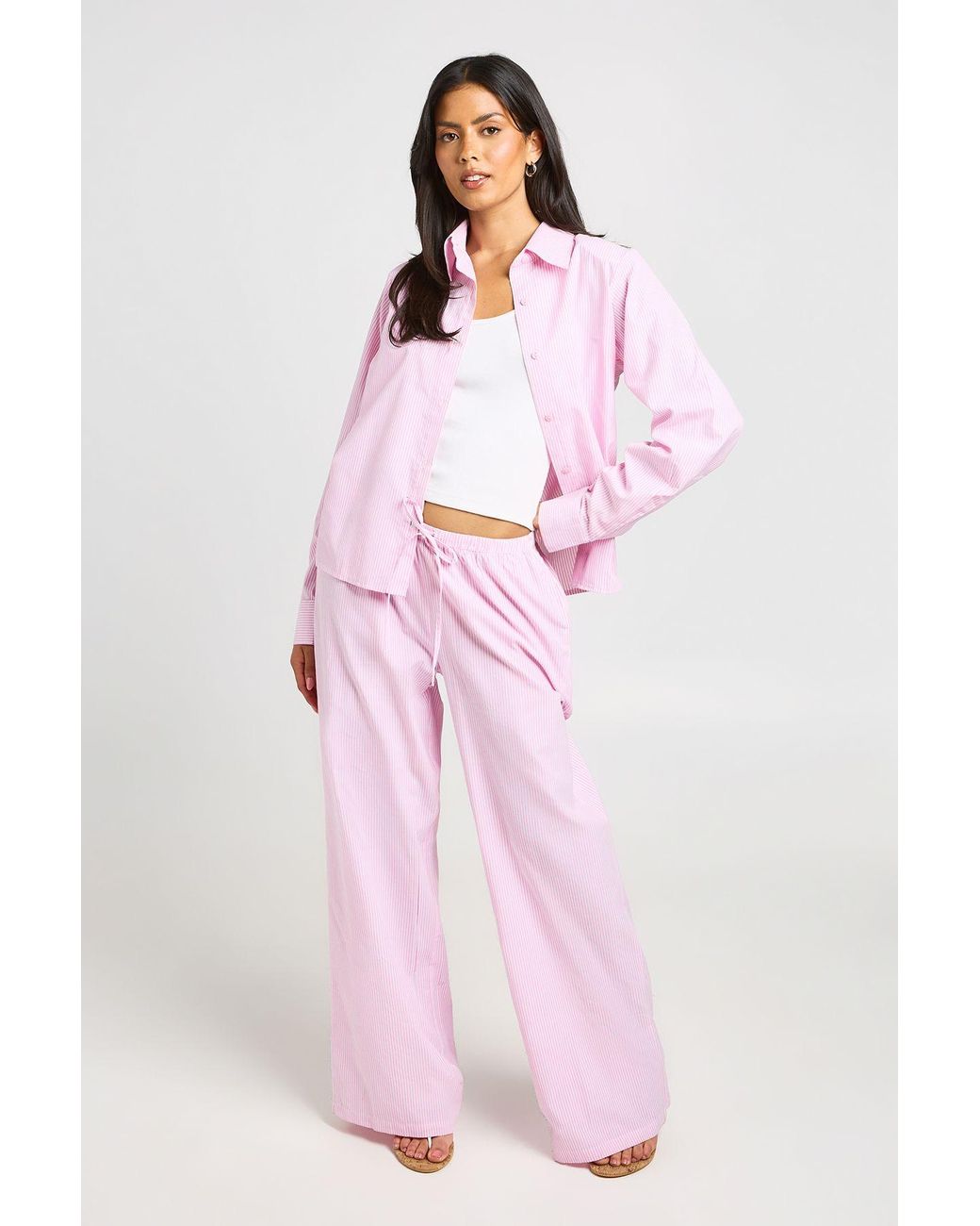 Boohoo Pink Cotton Poplin Stripe Wide Leg Trousers