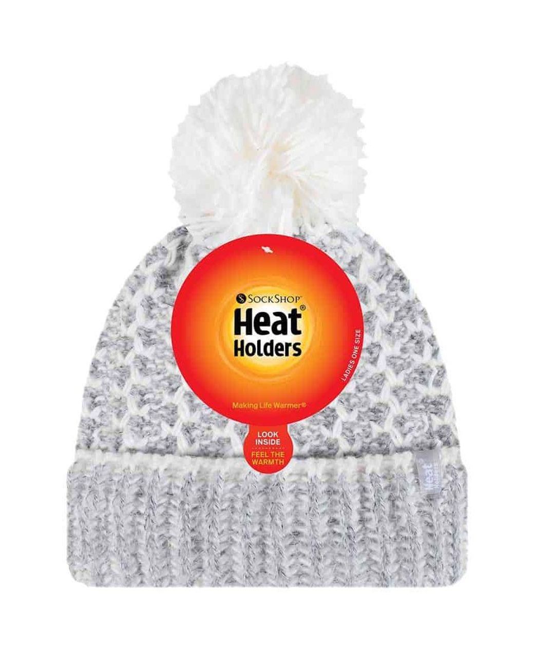 Heat Holders Gray Ladies Fleece Lined Cuffed Thermal Winter Bobble Hat With Pom Pom