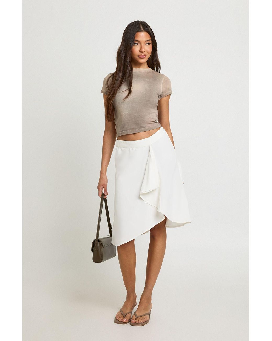 Boohoo White Crinkle Chiffon Awkward Length Midi Skirt