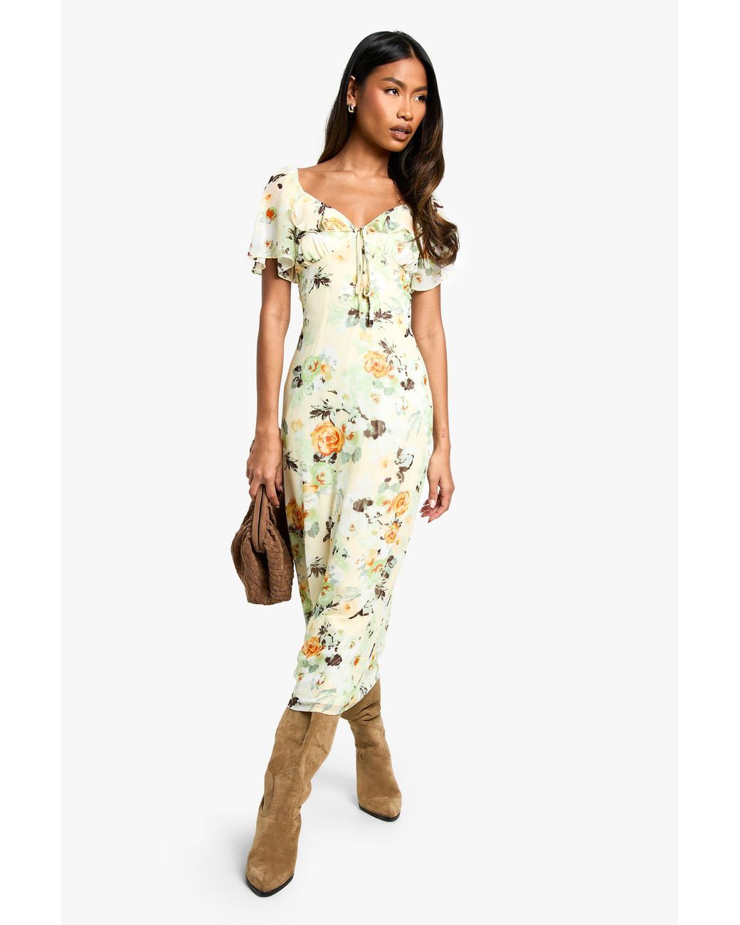 Boohoo Yellow Floral Angel Sleeve Midaxi Dress