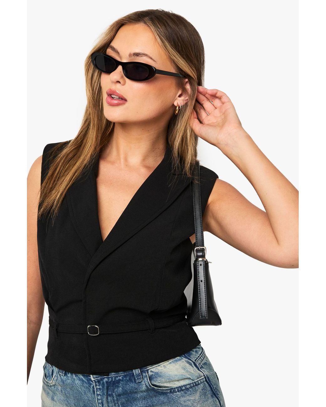 Boohoo Black Belted Shoulder Pad Waistcoat