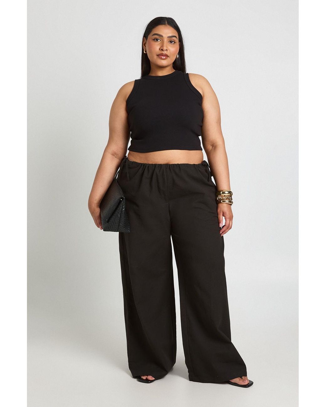 Boohoo Black Plus Linen Tie Side Low Rise Wide Leg Trouser