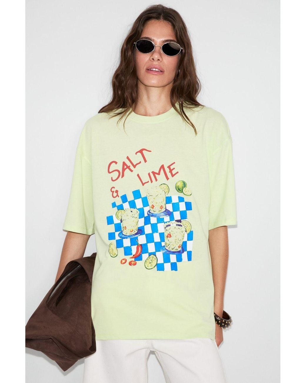 Grimelange Blue Oversized Printed Crew Neck T-Shirt