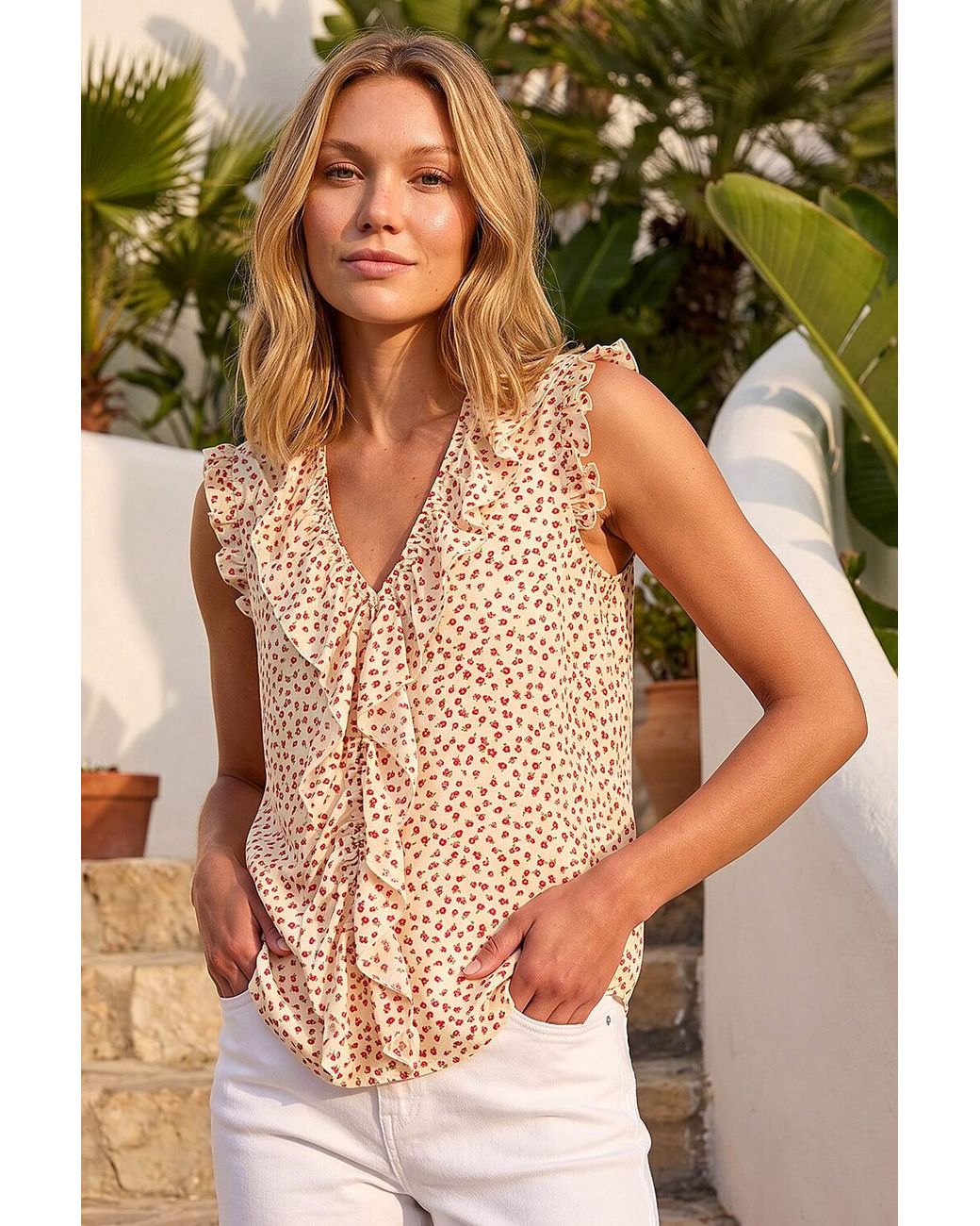 Roman White Floral Print Ruffle Front Top