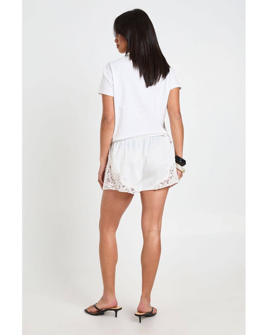 Boohoo White Petite Satin Lace Trim Runner Short