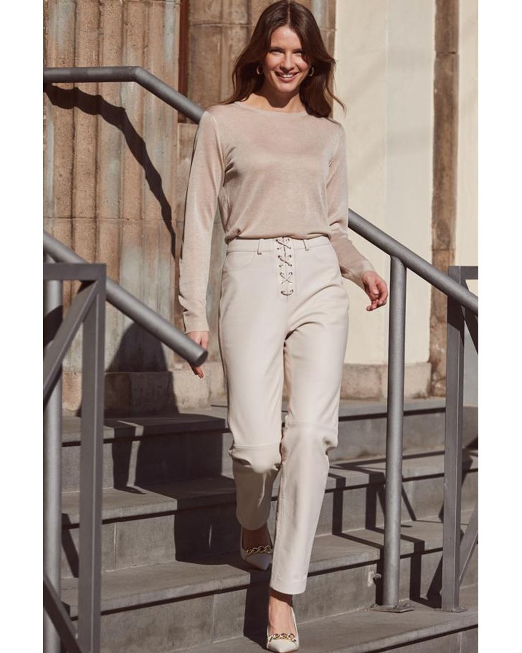 Sosandar Brown Ecru Leather Lace Front Straight Leg Trousers