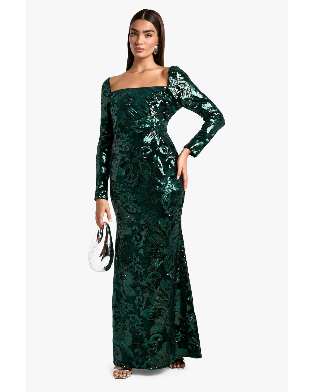 Boohoo Green Square Neck Demask Sequin Maxi Dress