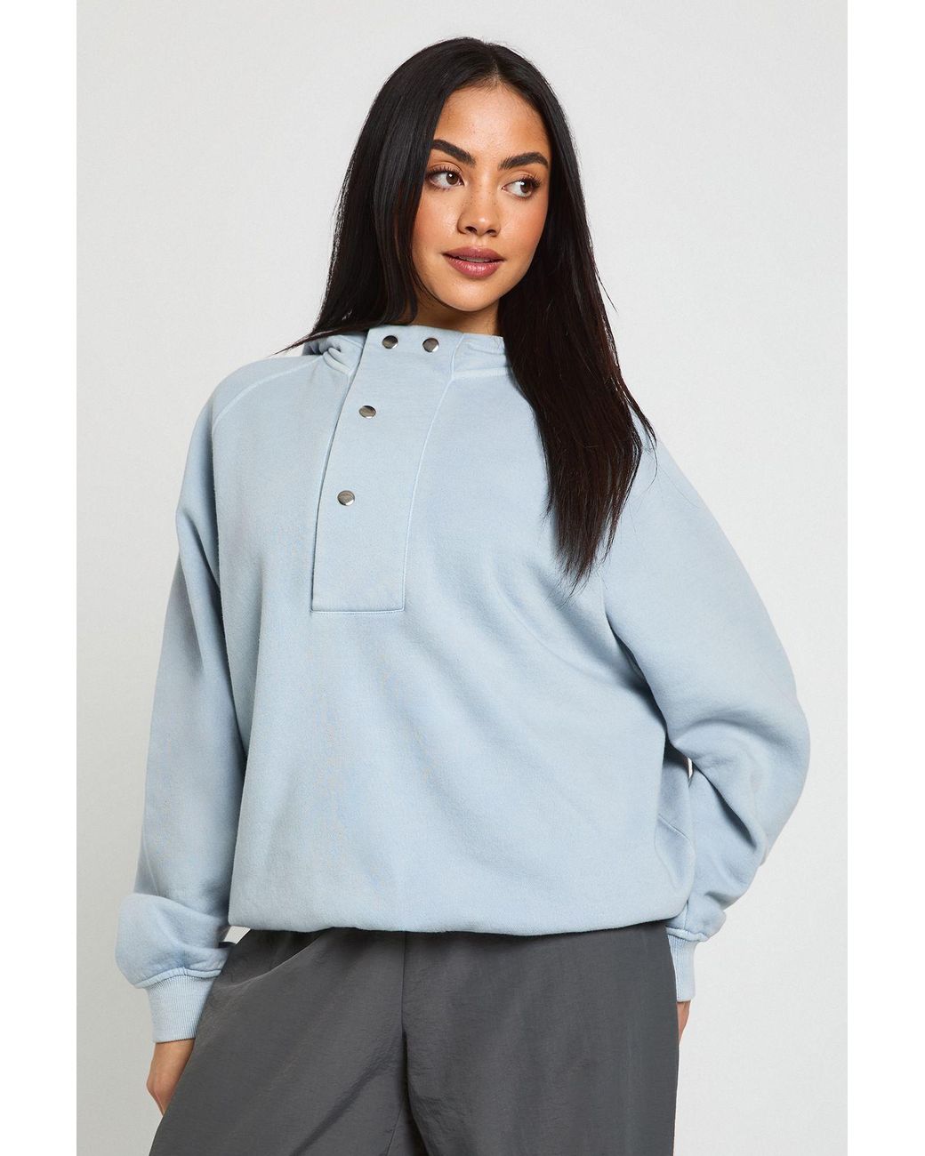 Boohoo Blue Washed Popper Detail Oversized Hoodie