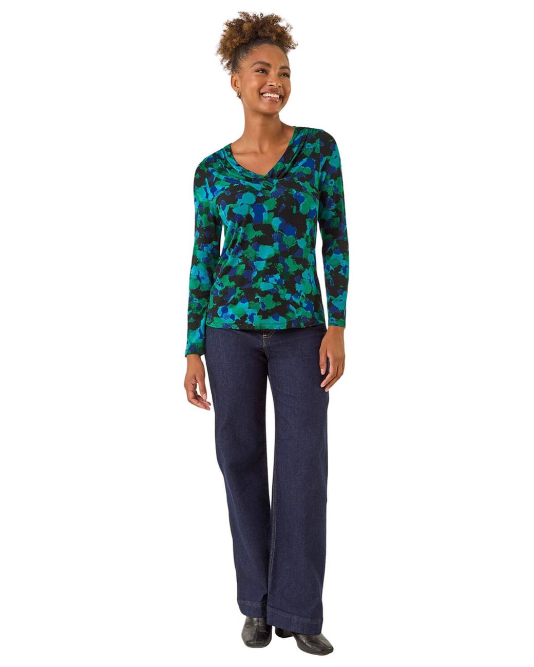 Roman Blue Printed V-Neck Stretch Top