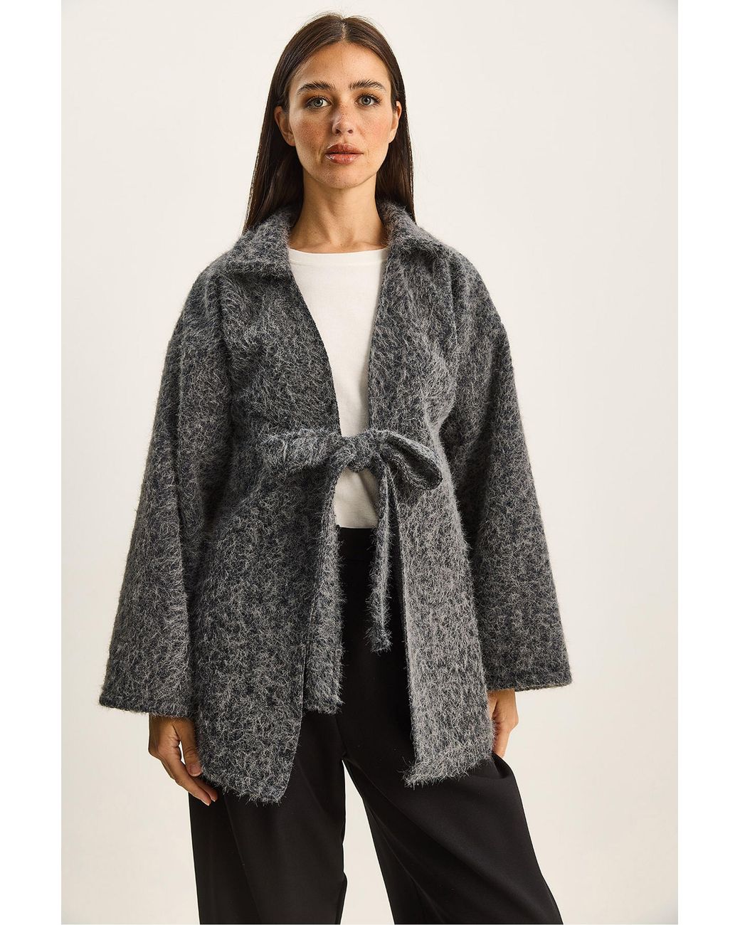 Bianco Lucci Gray Textured Oversized V-Neck Tie Closure Cardigan