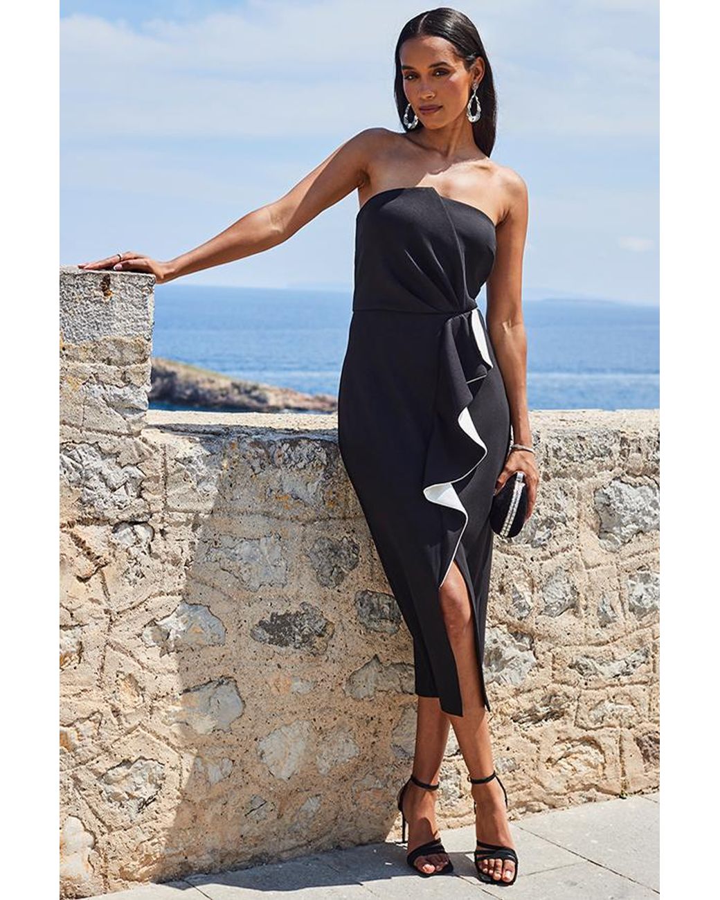 Sosandar Blue Ponte Ruffle Detail Bandeau Dress