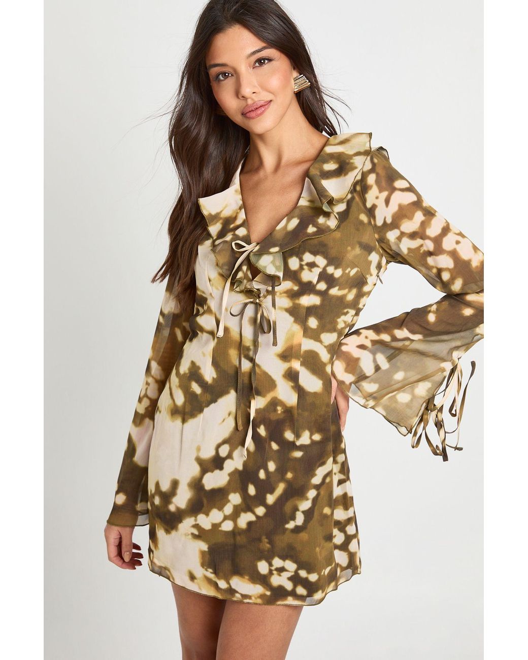 Boohoo Natural Abstract Chiffon Ruffle Shift Dress