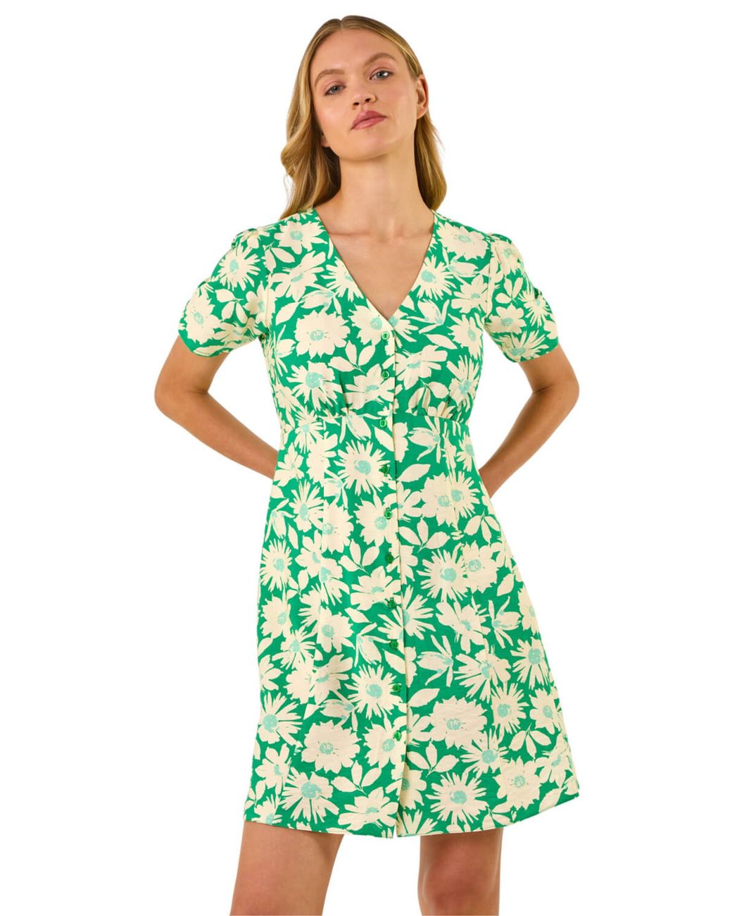 Roman Green Daisy Print V-Neck Tea Dress