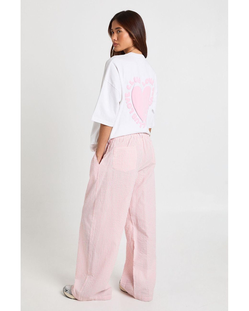 Boohoo Pink Stripe Seersucker Elasticated Waist Wide Leg Trouser