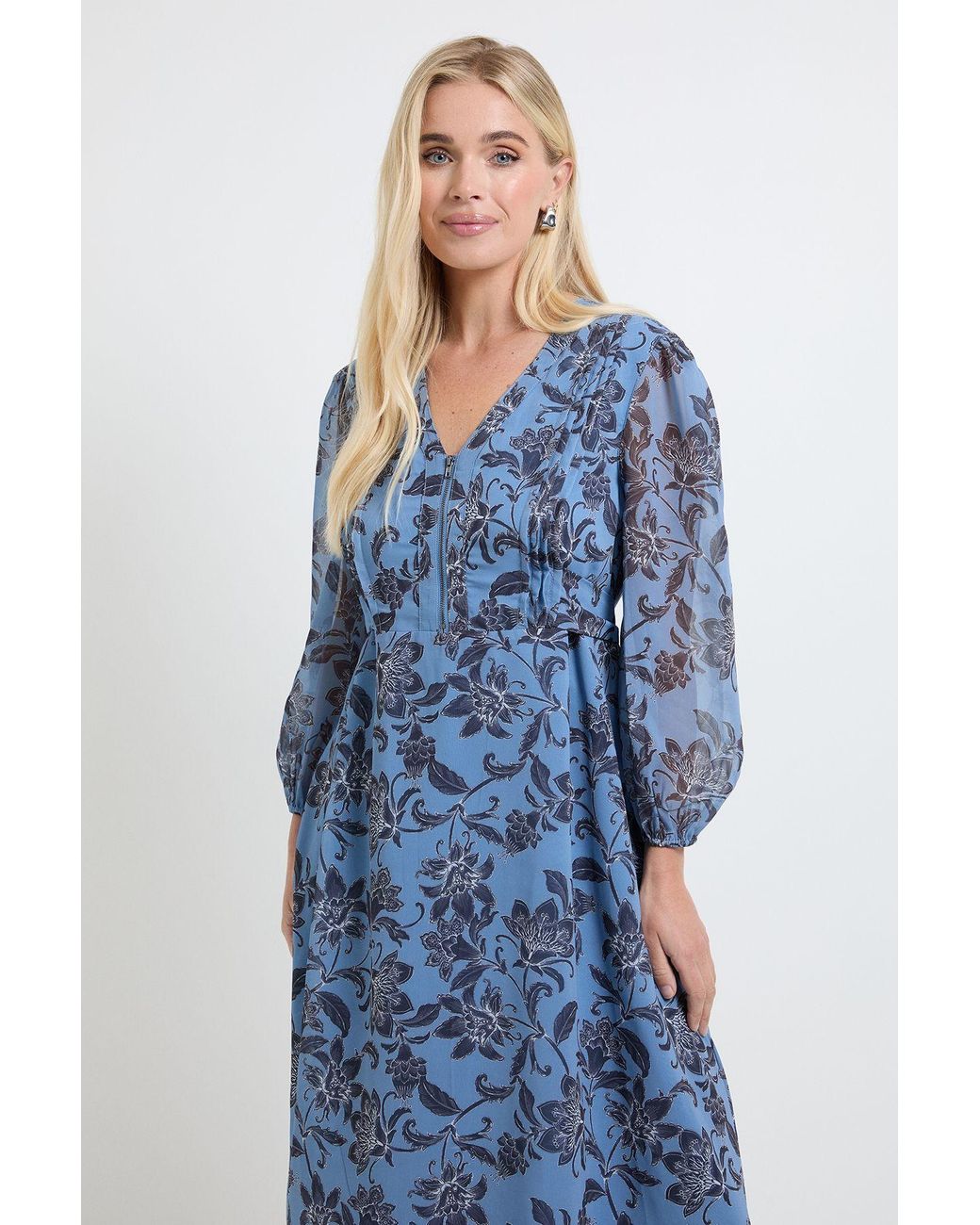 Wallis Blue Petite Paisley Pintuck Zip Midi Dress