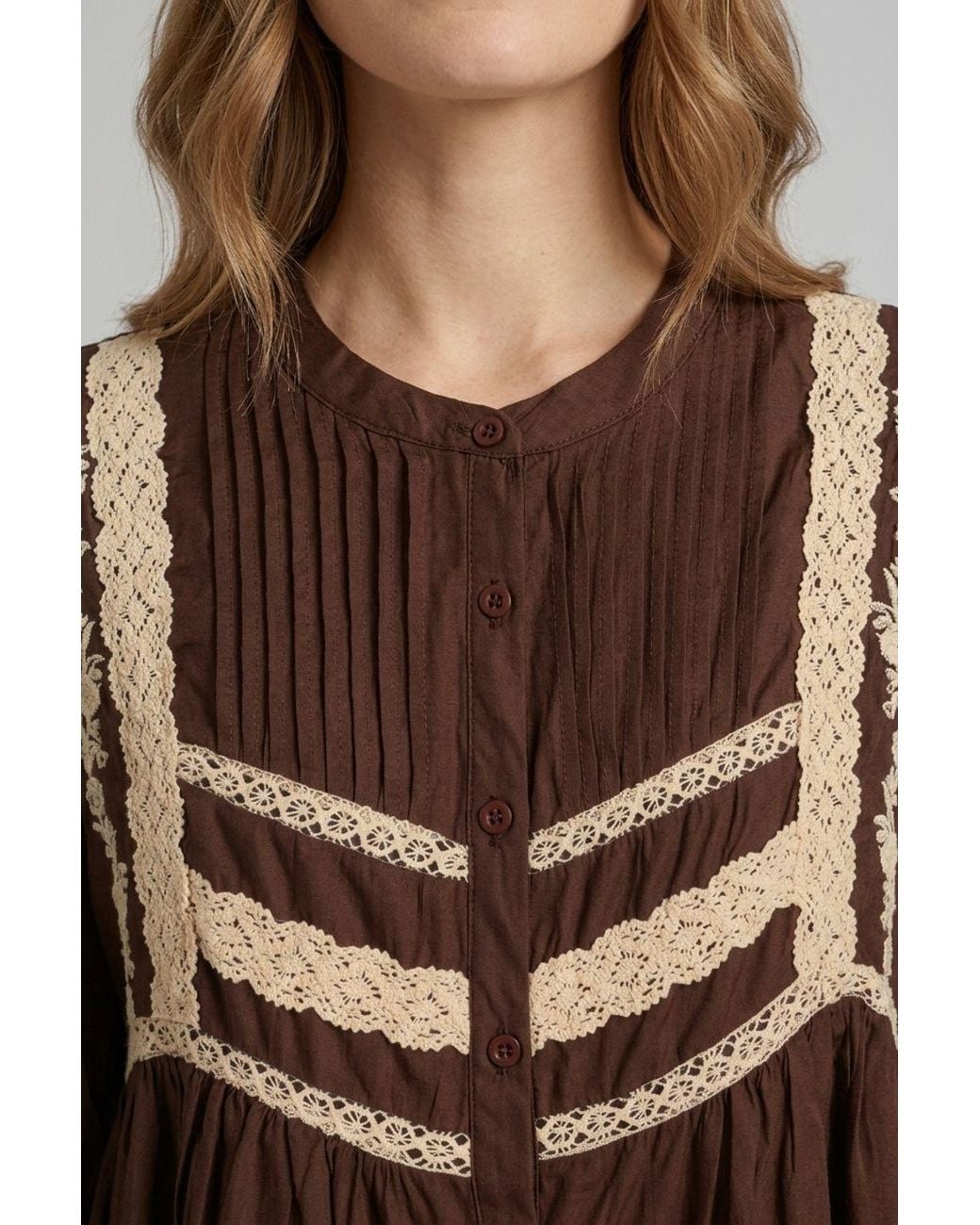 Izabel London Blue Lace Trim Long Sleeve Pleated Blouse